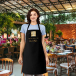 Black gold business logo name signature apron<br><div class="desc">A stylish black background. Personalise and add your business logo,  and a text (or delete) and a name,  signature. Employee or the owner. Golden coloured letters.</div>