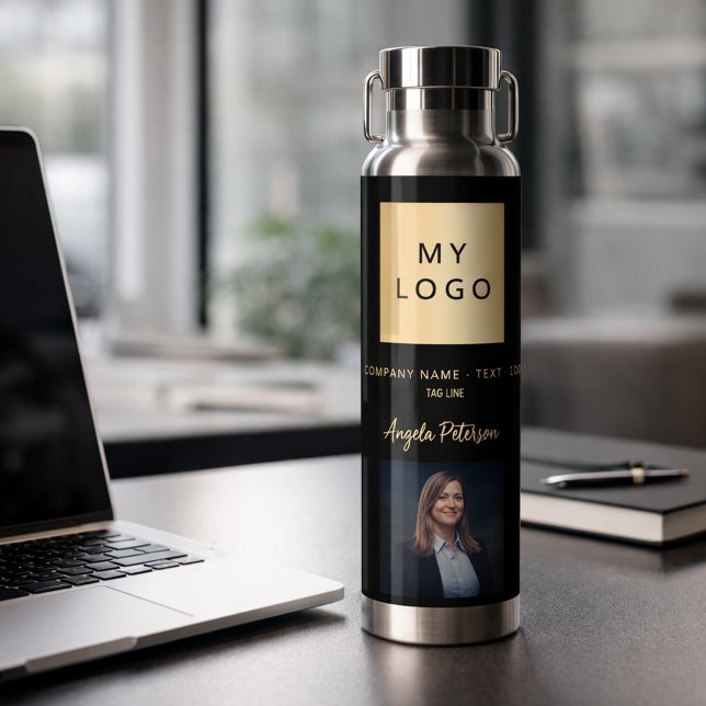 Black gold business logo name signature photo water bottle (Creator Uploaded)