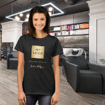 Black gold business logo name signature T-Shirt<br><div class="desc">A black background,  golden text.  Personalise and add your business logo,  a text and a name,  signature (or delete if not wanted)</div>