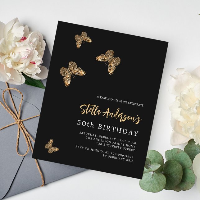 Black gold butterflies birthday invitation (Creator Uploaded)