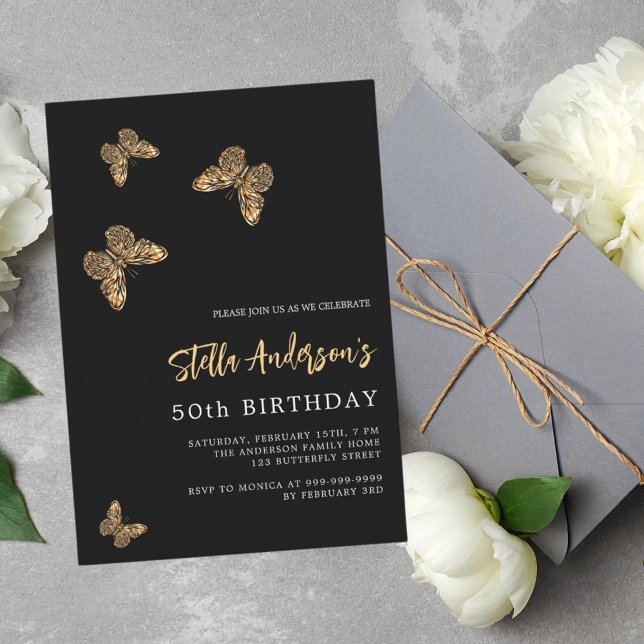 Black gold butterflies luxury birthday invitation (Creator Uploaded)