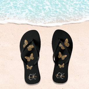 Black gold butterflies name monogram jandals