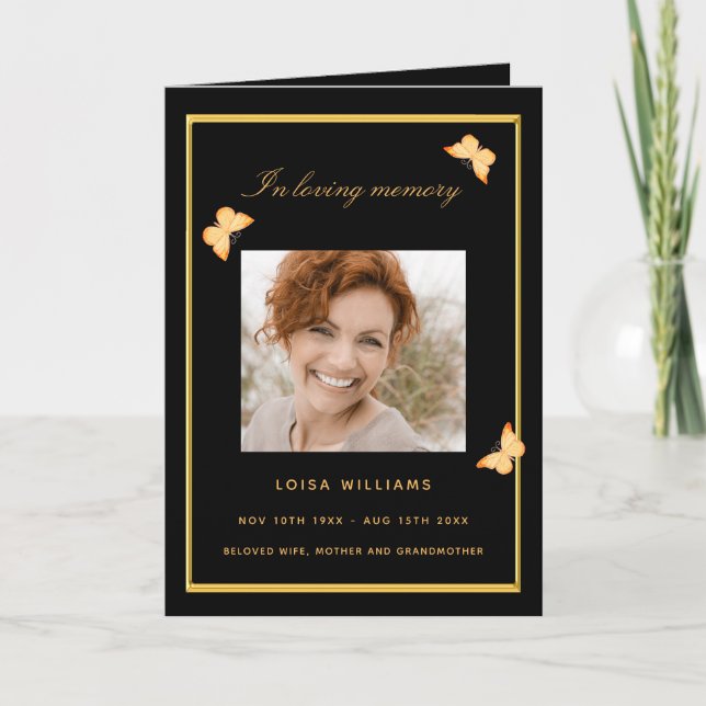 Black gold butterflies photo funeral program card (Front)