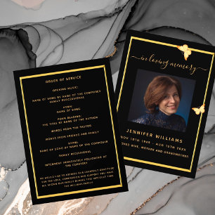 Black gold butterflies photo funeral program invitation
