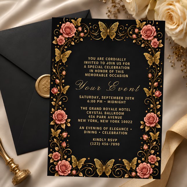 Black Gold Butterfly Floral Celebration Invitation (Creator Uploaded)