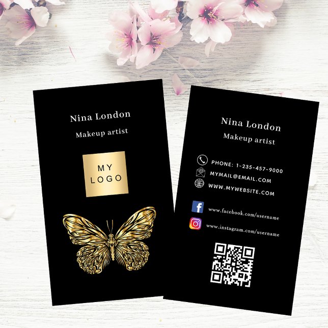 Black gold butterfly Qr social media logo Business Card (Creator Uploaded)