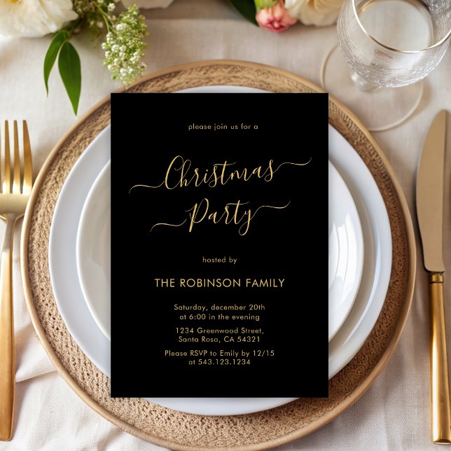 Black Gold Calligraphy Holiday Christmas Party Invitation (Creator Uploaded)