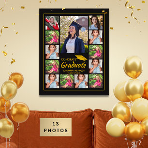 Black Gold Cap 13 Photo Collage Congrats Graduate Poster