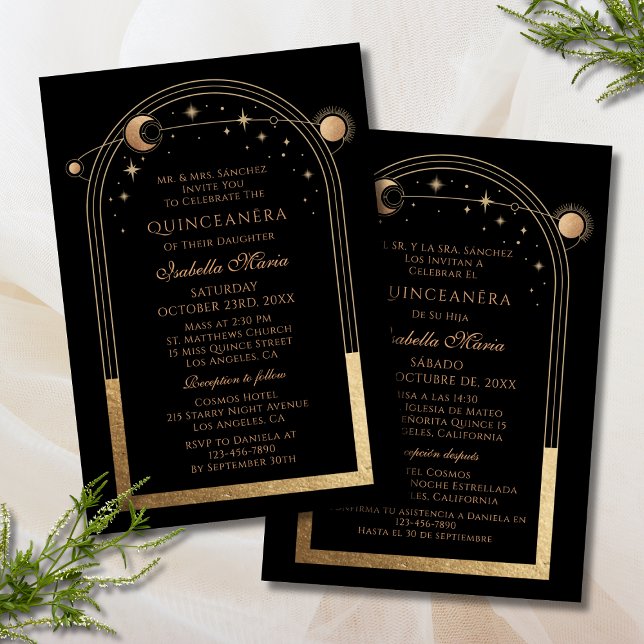 Black Gold Celestial Bilingual Quinceañera Invitation (Creator Uploaded)