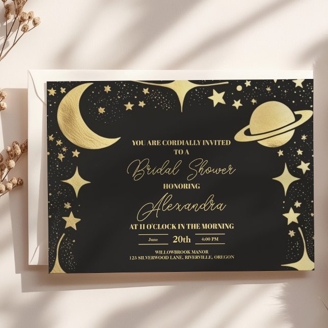 Black Gold Celestial Crescent Moon Bridal Shower Invitation (Creator Uploaded)