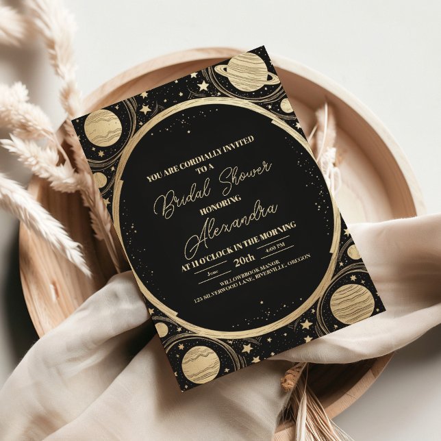 Black Gold Celestial Crescent Moon Bridal Shower Invitation (Creator Uploaded)