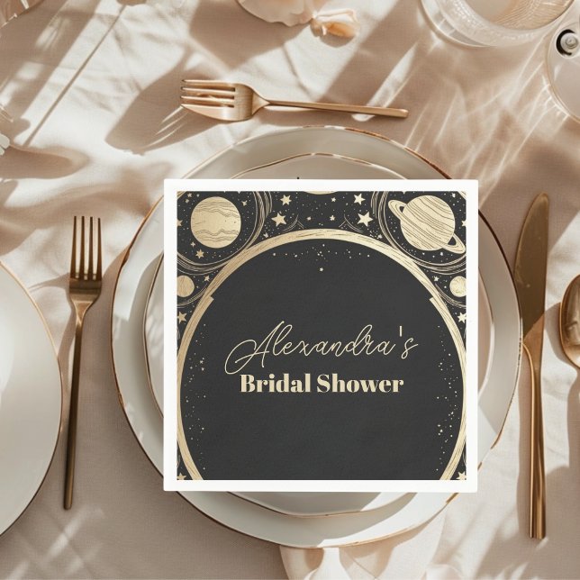 Black Gold Celestial Crescent Moon Bridal Shower Napkin (Creator Uploaded)