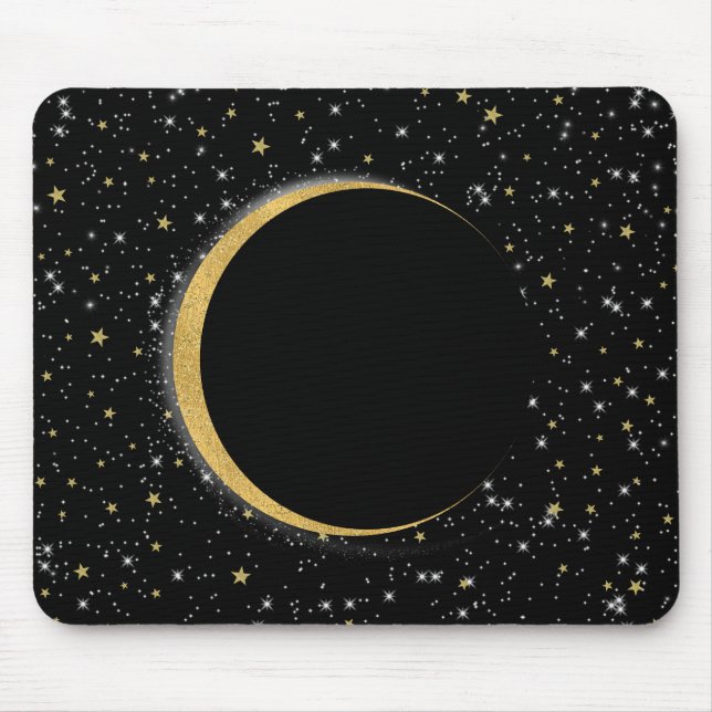Black & Gold Celestial Moon Magic Lunar Stars Mouse Pad (Front)