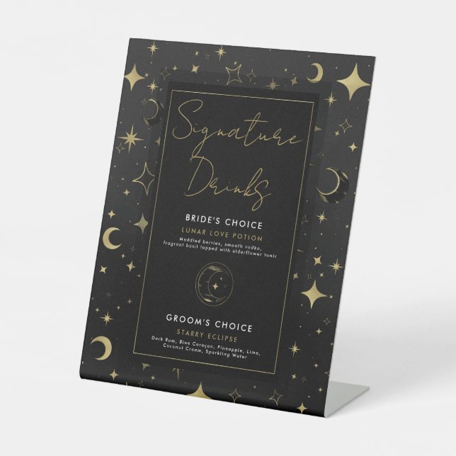 Black Gold Celestial Moon Stars Signature Drinks Pedestal Sign (Front)