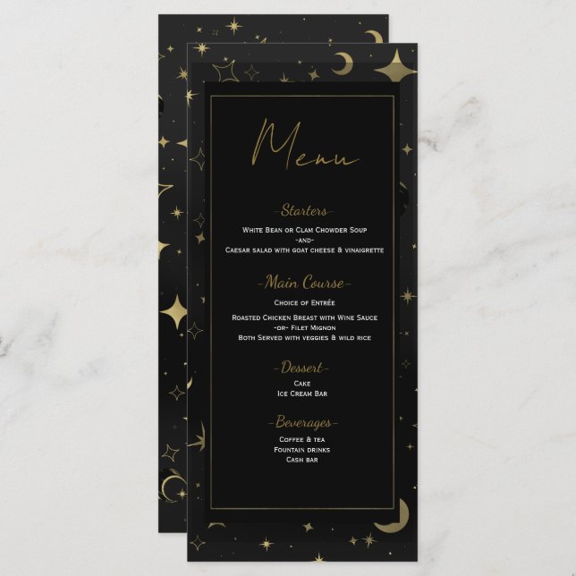 Black & Gold Celestial Moon Stars Wedding Menu (Front/Back)