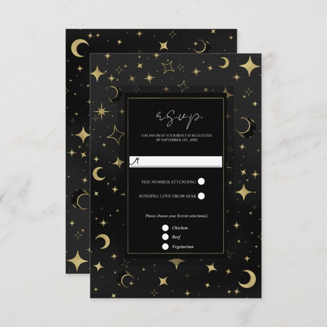 Black & Gold Celestial Moon Stars Wedding RSVP (Front/Back)