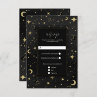 Black & Gold Celestial Moon Stars Wedding RSVP