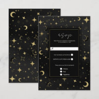 Black & Gold Celestial Moon Stars Wedding RSVP