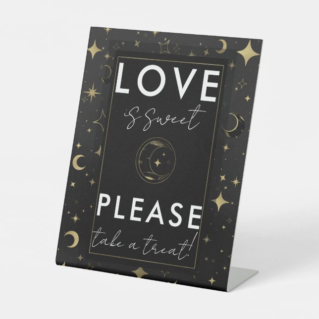 Black & Gold Celestial Moon Stars Wedding Treat Pedestal Sign (Front)