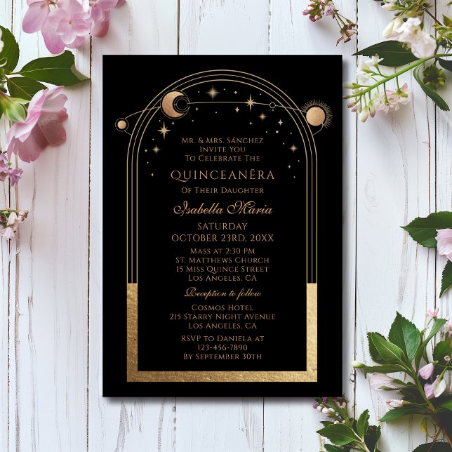 Black Gold Celestial Quinceañera Celebration Invitation (Creator Uploaded)