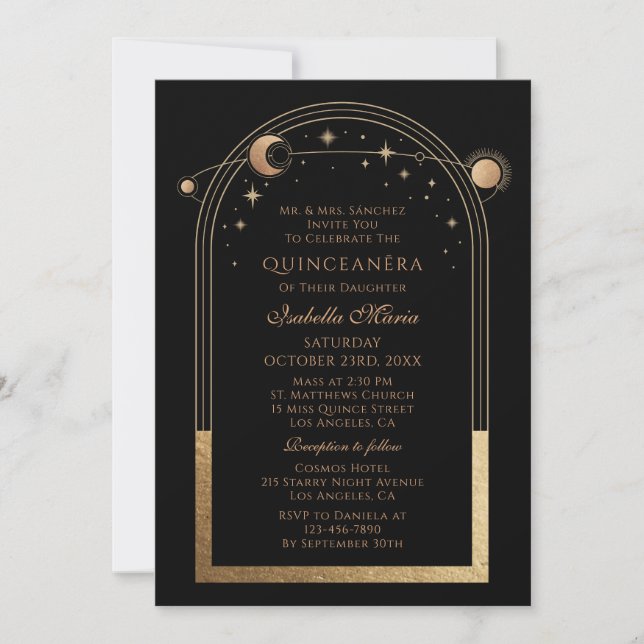 Black Gold Celestial Quinceañera Invitation (Front)
