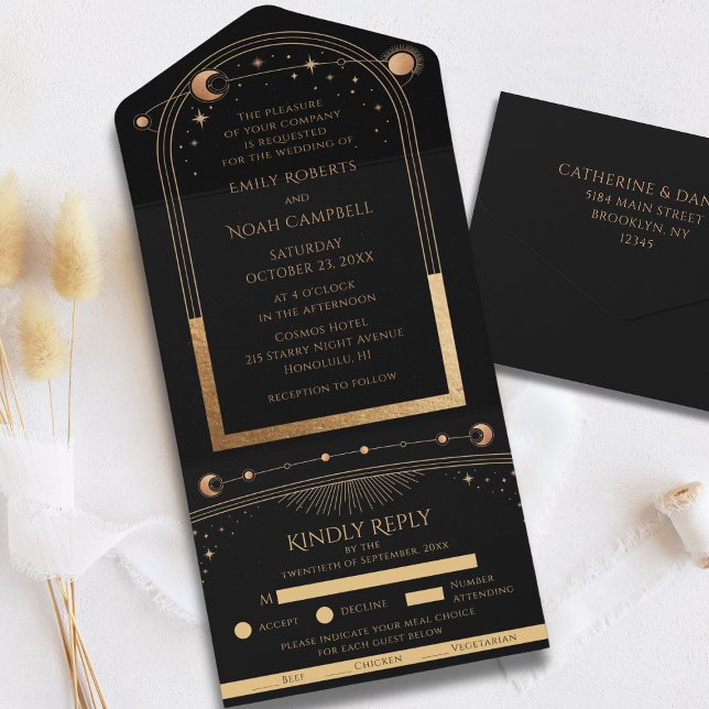 Black Gold Celestial Sun Moon Stars Wedding All In One Invitation (Creator Uploaded)