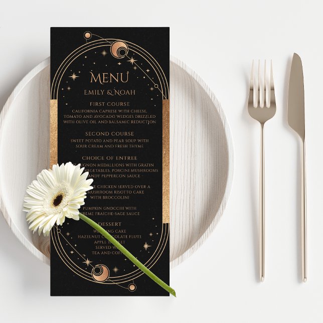 Black Gold Celestial Sun Moon Stars Wedding Menu (Creator Uploaded)