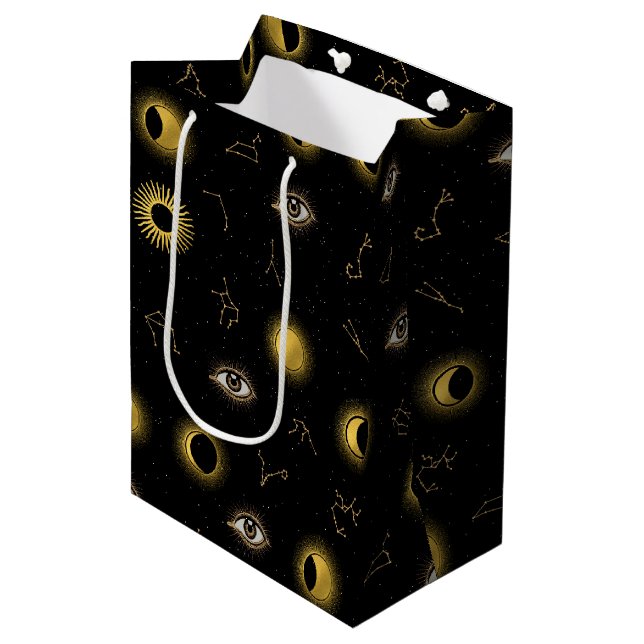 Black Gold Celestial Sun & Moon Zodiac Eye Medium Gift Bag (Front Angled)