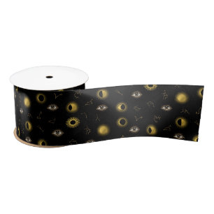 Black Gold Celestial Sun & Moon Zodiac Eye Satin Ribbon