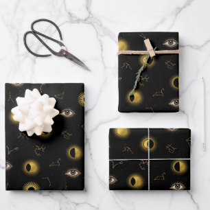 Black Gold Celestial Sun & Moon Zodiac Eye Wrapping Paper Sheet
