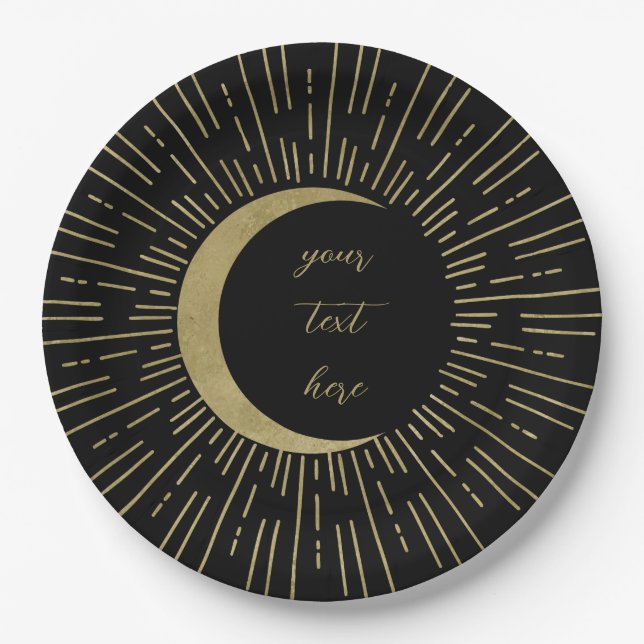 Black & Gold Celestial Sunburst Moon Wedding Paper Plate (Front)