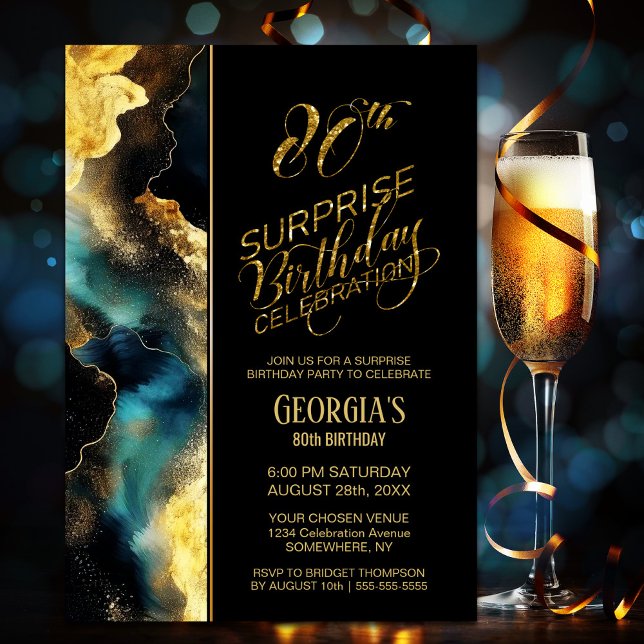 Black Gold Celestial Surprise 80th Birthday Party Invitation (Creator Uploaded)