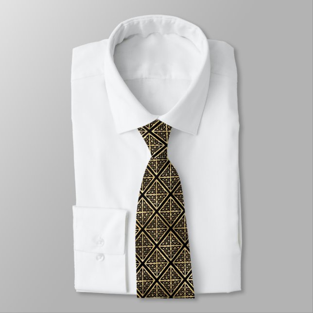 Black Gold Celtic Pattern Irish Triangle pattern Tie (Tied)