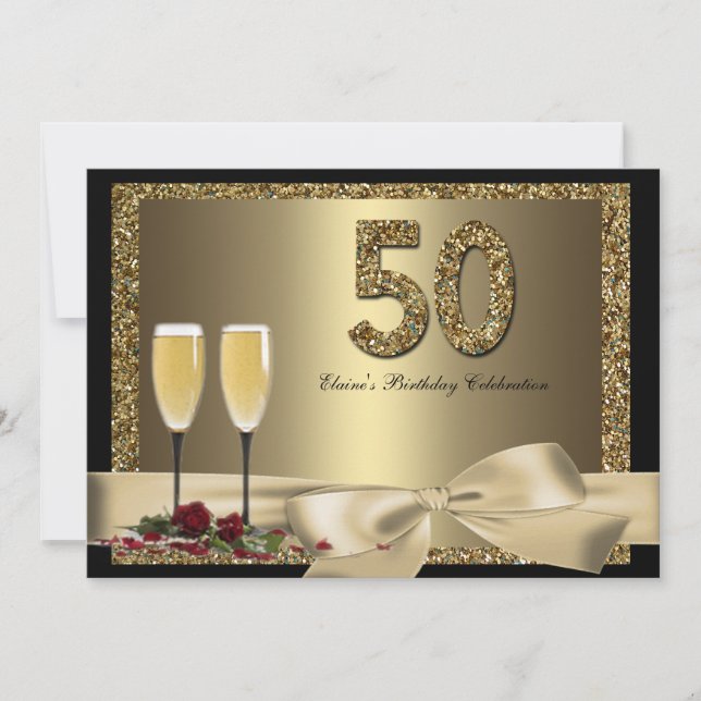 Black Gold Champagne 50th Woman's Birthday Invite (Front)