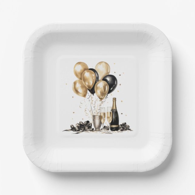Black Gold Champagne Balloons Party Paper Plate (Front)