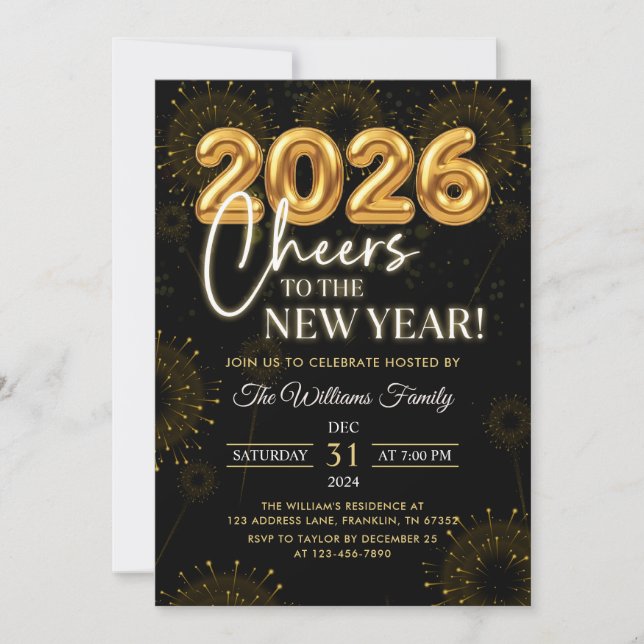 Black Gold Champagne Cheers New Years Eve Party Invitation (Front)
