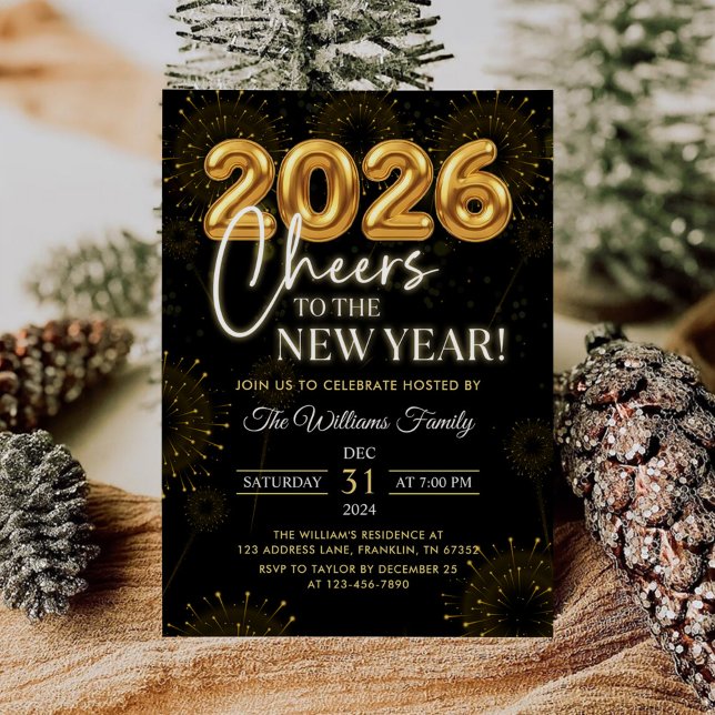 Black Gold Champagne Cheers New Years Eve Party Invitation (Creator Uploaded)