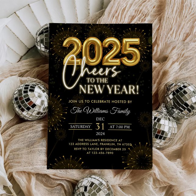 Black Gold Champagne Cheers New Years Eve Party Invitation (Creator Uploaded)