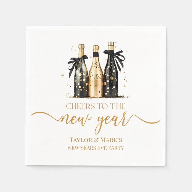 Black Gold Champagne Cheers New Years Eve Party Napkin (Front)