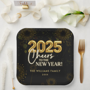 Black Gold Champagne Cheers New Years Eve Party Paper Plate