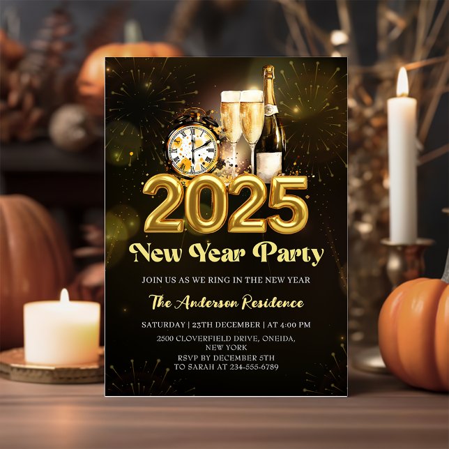 Black Gold Champagne New Year's Eve Party 2025 Invitation (Creator Uploaded)