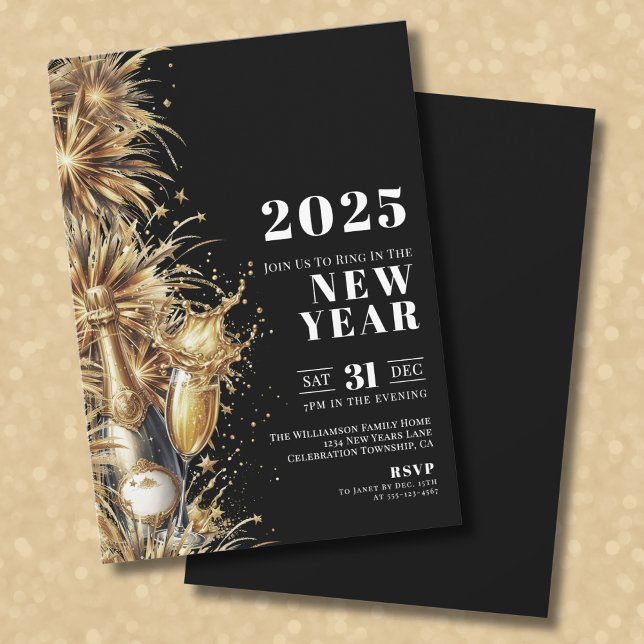 Black Gold Champagne New Year's Eve Party Invitation (Black Gold Champagne New Year's Eve Party Invitation)