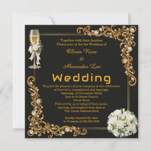 Black Gold Champagne Pearl Photo Wedding  Invitation