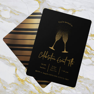 Black & Gold Champagne Theme Party  Invitation