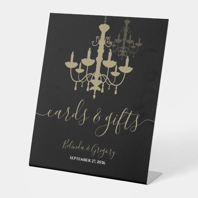 Black Gold Chandelier Wedding Cards & Gifts Pedestal Sign (Front)