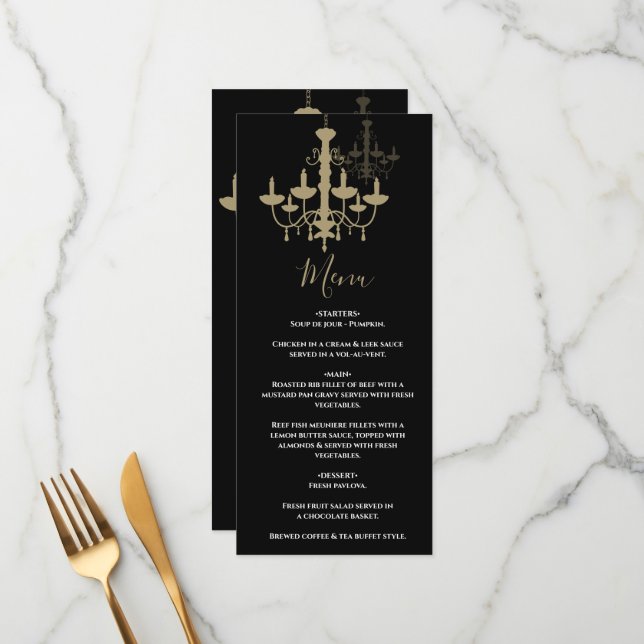 Black Gold Chandelier Wedding Menu (Front/Back In Situ)