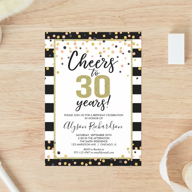 Black Gold Cheers 30th Birthday Invitation (Creator Uploaded)