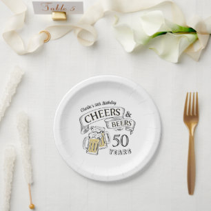 Black & Gold Cheers And Beers Any Age Birthday Paper Plate