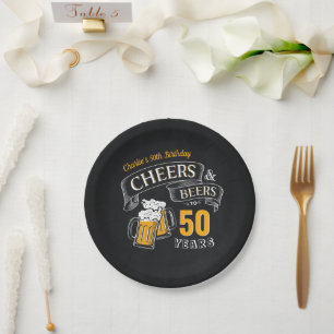 Black Gold Cheers And Beers Any Age Birthday Paper Plate
