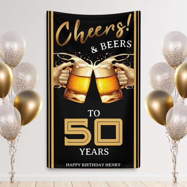 Black & Gold Cheers & Beers 50 Years 50th Birthday Banner (Black & Gold Cheers & Beers 50 Years 50th Birthday Banner)